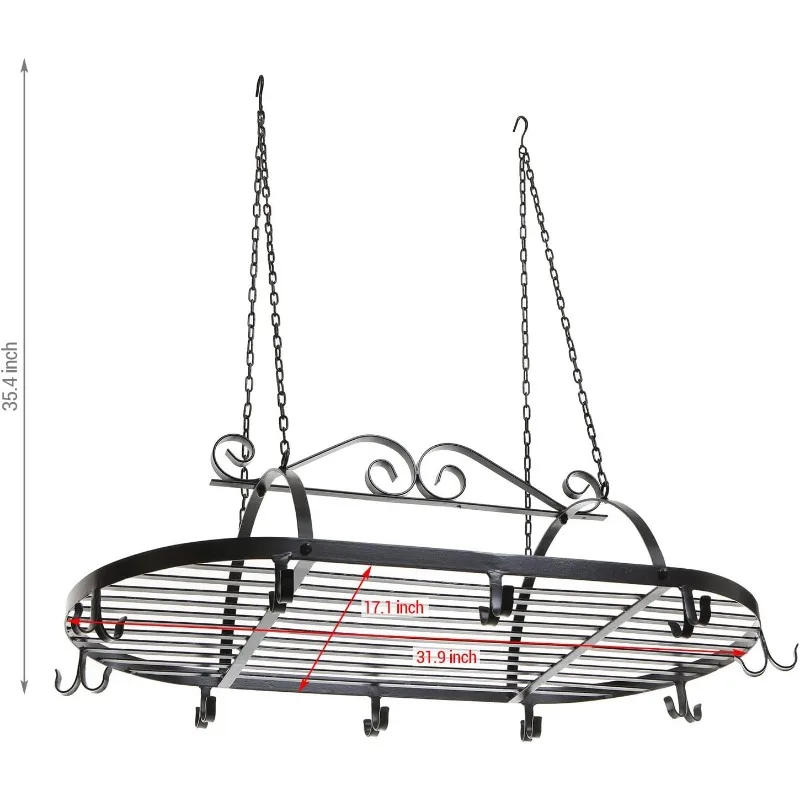 MyGift Black Scrollwork Metal Pot and Pan Ceiling Hanging Rack Heavy Duty Cooking Pans and Utensil Hanger with 10 Dual Hooks