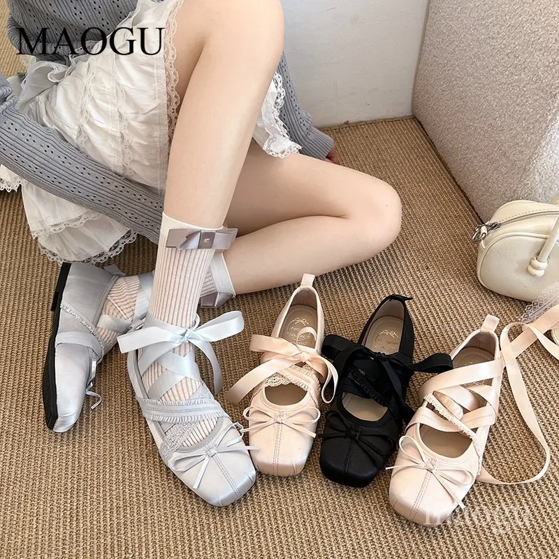 Women's Lace-Up Ballet Flats Square Toe Bow Mary Jane Shoes Satin Ballerina Flats Sweet Lolita Style Casual Shoes for Woman