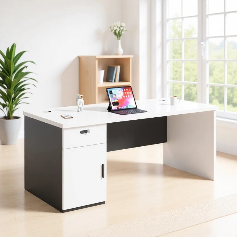 T*-Premium White Desk with Password Lock Drawer and Storage Cabinet, Spacious Office Workstation*-
