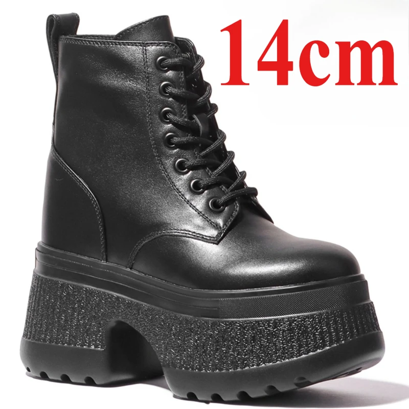 New British Style 16cm Height Increasing Boots Shoes Women's Spring/Autumn Genuine Leather 14cm Design Thick Soled Short Boots