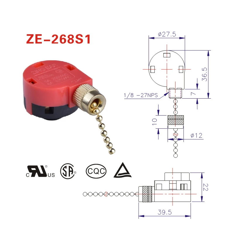 1Pcs Red 4-Wire Ceiling Fan Switch 3-Speed Pull Chain Speed Control For ZE-268S6 Fans