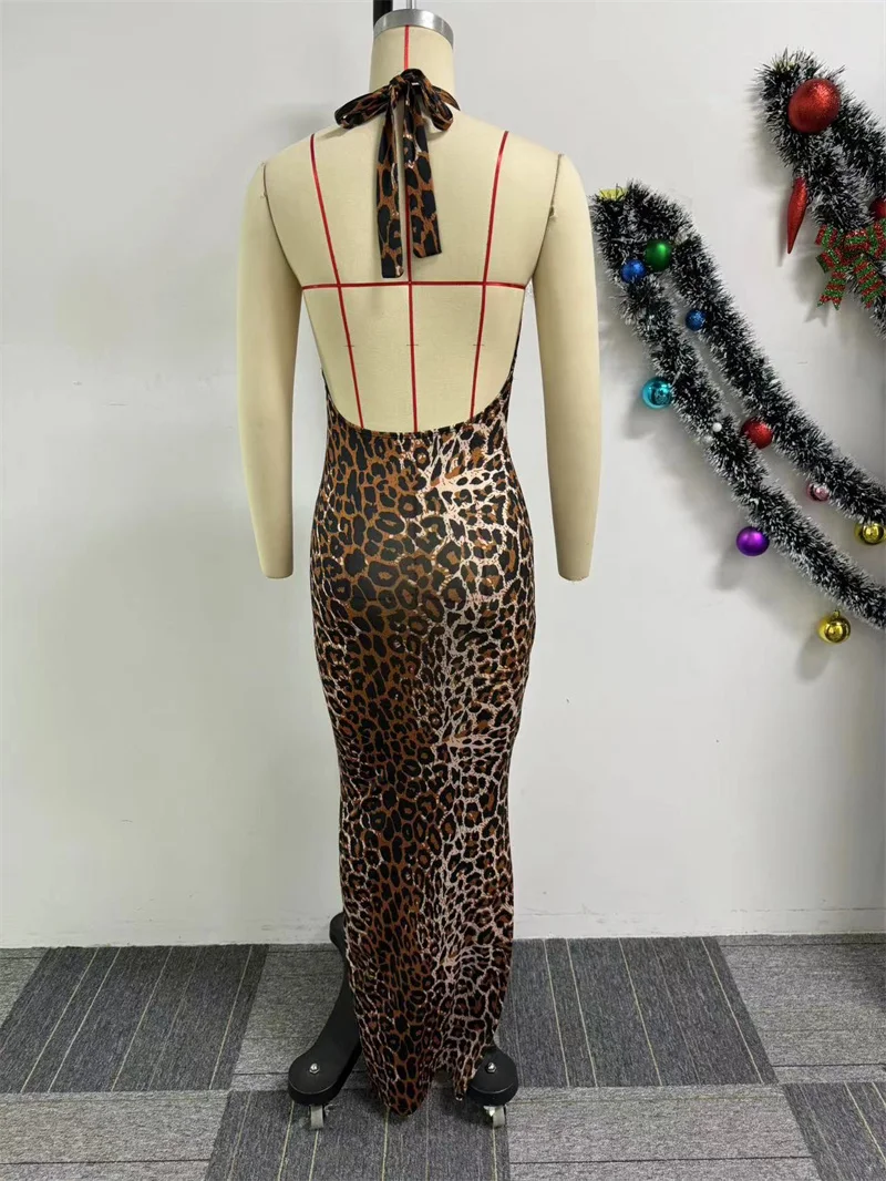 Sexy Luipaardprint Bodycon Maxi Jurk Vrouwen Mouwloos Halter Backless Diepe V-hals Schede Slanke Nachtfeest Lange Jurken Clubwear