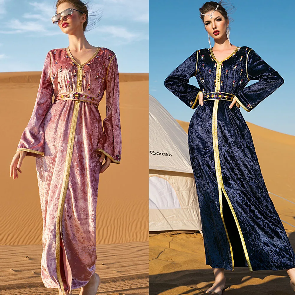 Luxury Party Gown Islamic Abayas Arabic Rhinestone Muslim Women Long Dress Velvet Jalabiya Moroccan Caftan Ramadan Maxi Robe Eid