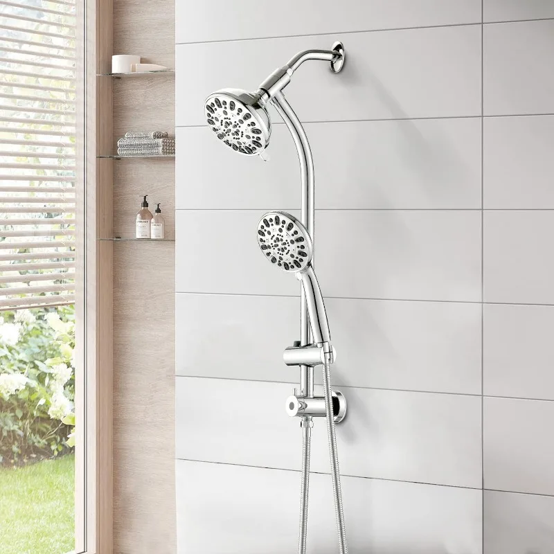 Handheld Shower,Drill-Free 3-Way Diverter for Easy Reach,Adjustable Height Slide Bar Dual Shower Head Combo Set