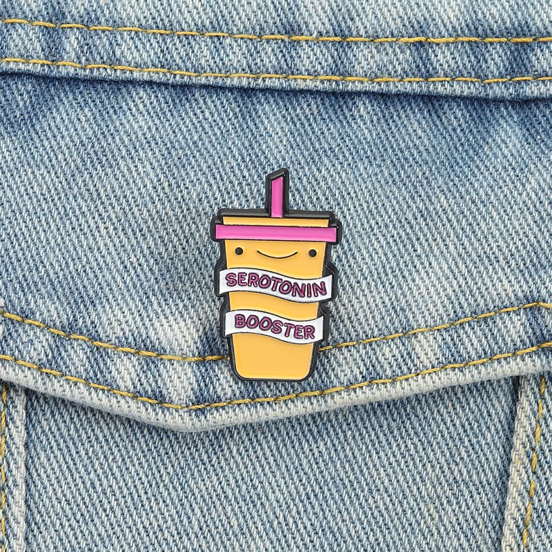 Serotonin Booster Enamel Pins Smile Coffee Cup Brooches Lapel Badges Cute Cartoon Jewelry Gift for Family Friends