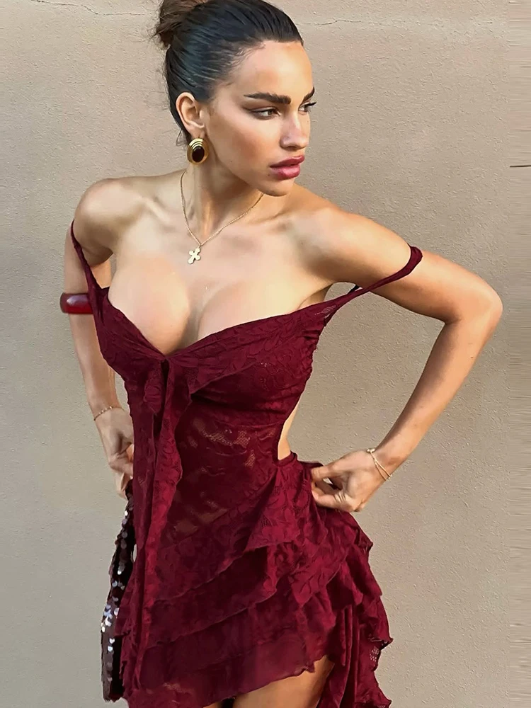 Cutenew Lace Emboridered Women Dresses Sexy Hot Sheer Off Shoulder Irregular Backless Bandage Vestidos Female Coquette Clubwear