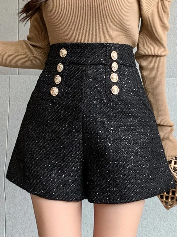 SMTHMA New Autumn Winter Loose Korean Version Slim Double Breasted Sequin Woolen Shorts For Women Wide Leg Outerwear Boots Pants