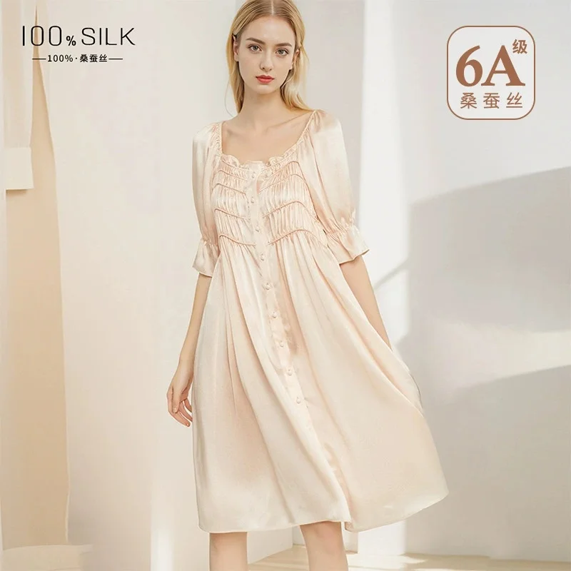 2025 New Summer Style Women's French-Style Silk Nightdress - 100% Mulberry Silk Baby-Sleeve High-End Loungewear Short Dress