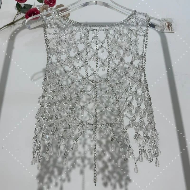 

Сексуальный ажурный жилет с цепочкой из хрустальных бусин, топ, женская модная верхняя одежда Yan, оригинальный дизайн, цепочка для тела, выдалбливают