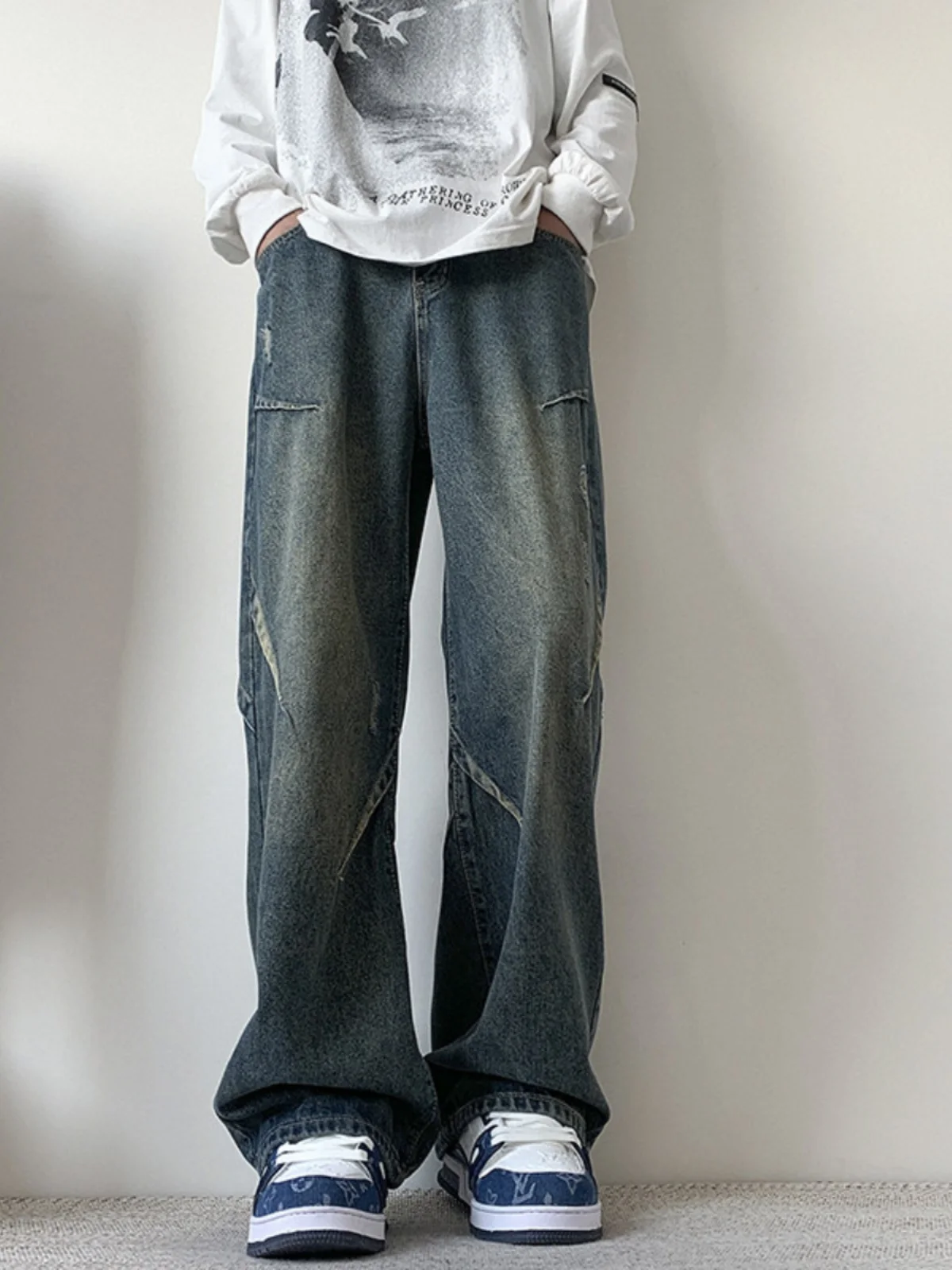 

Мужские широкие джинсы American Sle, слегко расклешенные, прямые, свободные, длинные брюки для весны и осени, молодежные, износостойкие