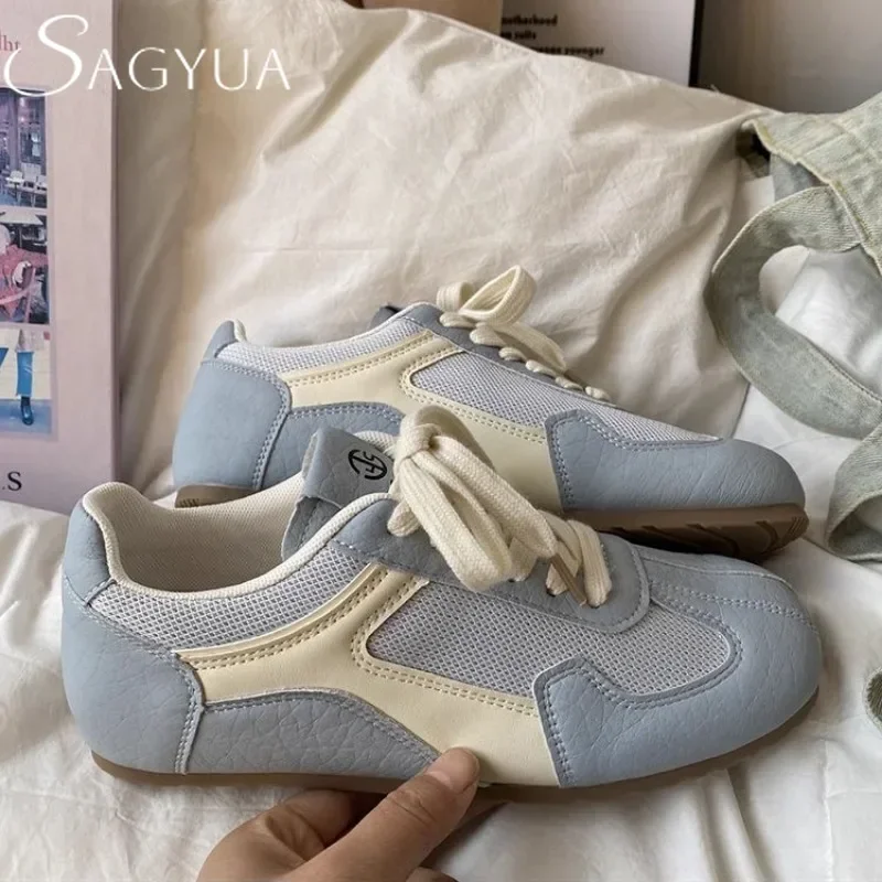 Women Light Blue Mesh Patchwork Retro Sneakers Lace Up Low Top Soft Flat Sole Breathable Daily Walking Casual Fashion Footwear