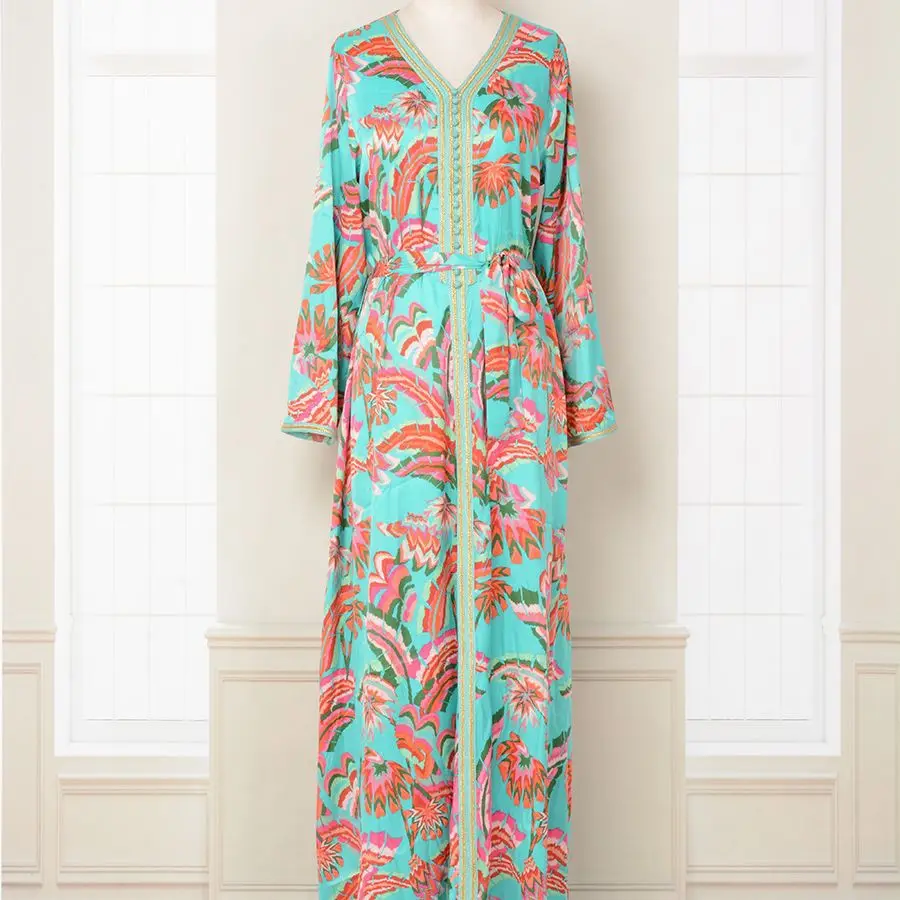 Fashionable Women Arabic Clothing Printed Color Matching Smooth and Comfortable Dress