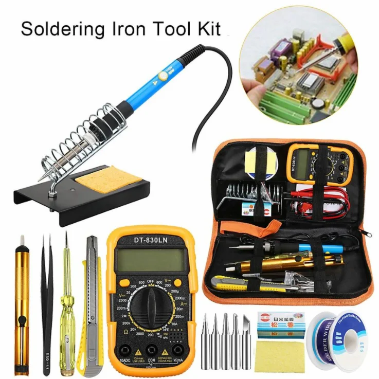 FRANKEVER 60W Adjustable Temperature Diy Electronics Soldering Iron Kit Tool Set with Digital Multimeter