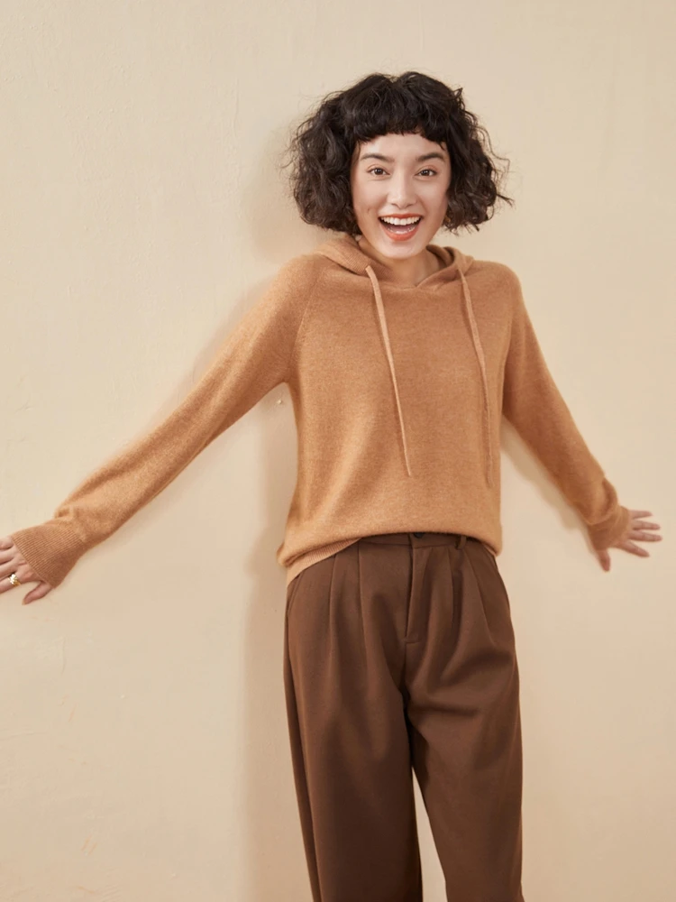 

100% Cashmere Pullover Hooded Sweater For Woman Autumn Winter Clothes Soild Casual Soft Comfort Knitwear Basic Long Sleeve Tops