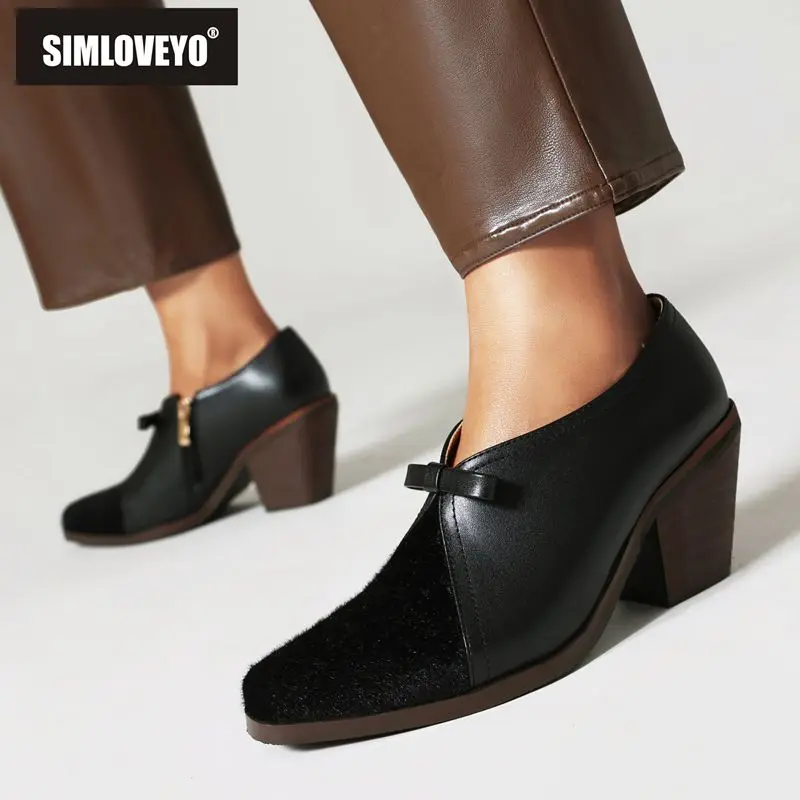 SIMLOVEYO Design sepatu pump wanita Hak Chunky, sepatu Brogue kombinasi 7cm bertali simpul kupu-kupu 47 48