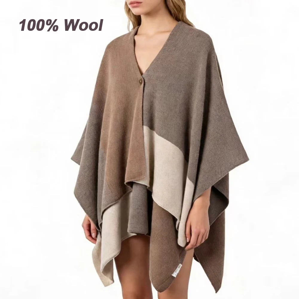 100% Wool Thickened Winter Loose Shawls Ladies Oversized Shawl Wraps Women Luxury Winter Color Blocked Sweater Cloak Jacket Cape