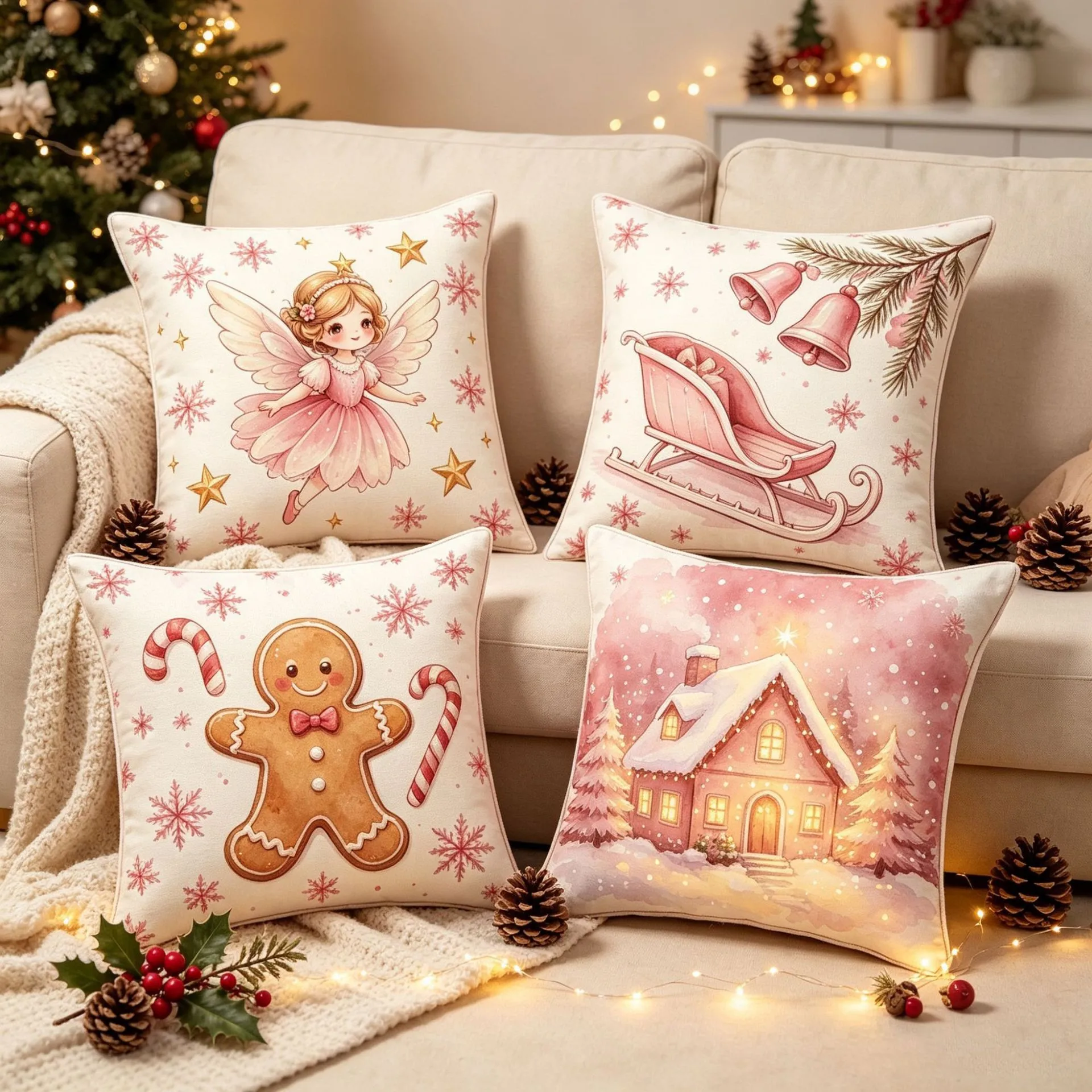 VIKAMA New pink watercolor wind Christmas  cover angel gingerbread man sleigh snow house holiday sofa decorative cushion cover