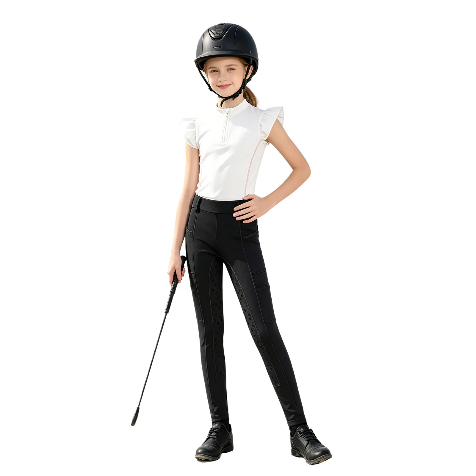 Kids Girls 2pcs Horse Riding Outfit Zipper Ruffled Sleeves Contrasting Trim Tank Top Vest with Equestrian Breeches Pants Set