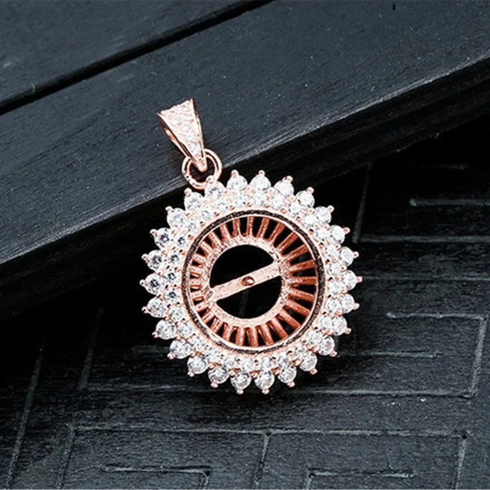 925 Silver Pendant Blank For 10-12mm Half-drilled Round Beads Rose Gold Plated Sterling Silver Zircon Pave Pendant Setting P328B