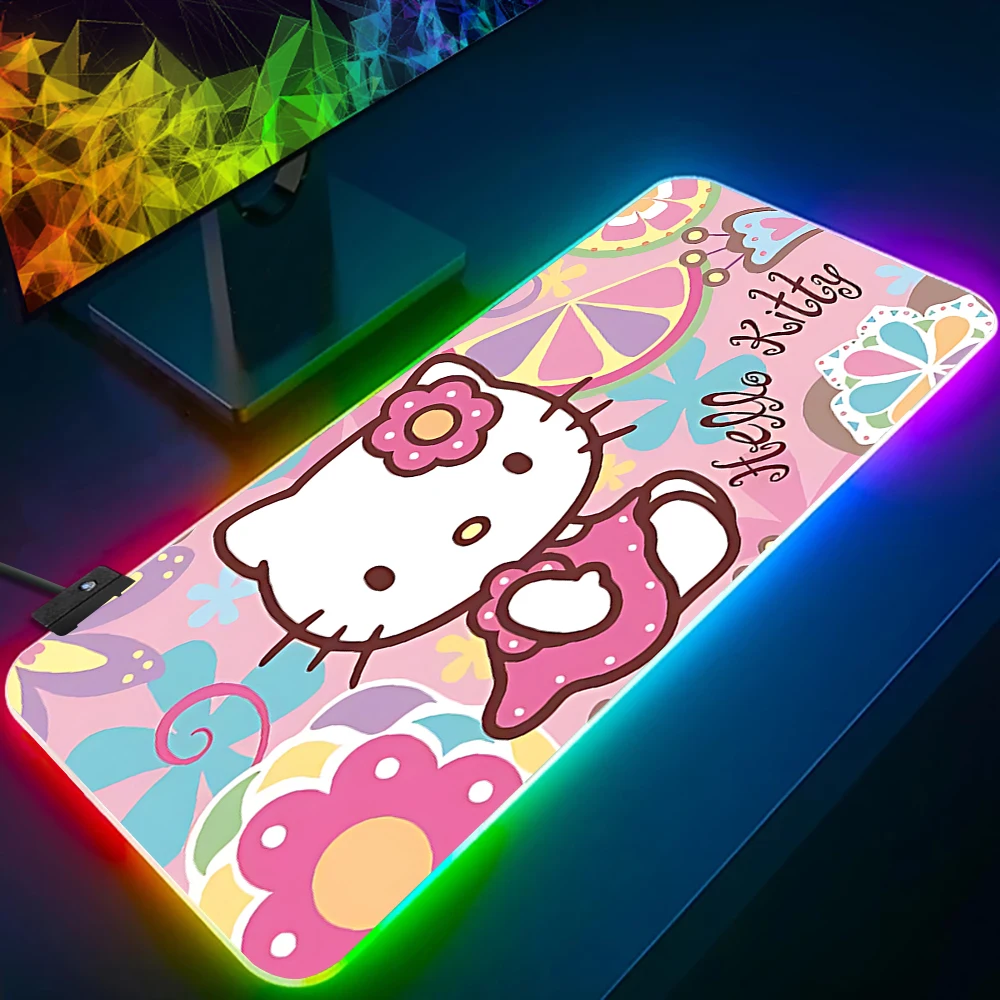 Cartoon H-Hello Cute K-Kitty RGB Pc Gamer Keyboard Mouse Pad Mousepad LED Glowing Mouse Mats Rubber Gaming Computer Mausepad