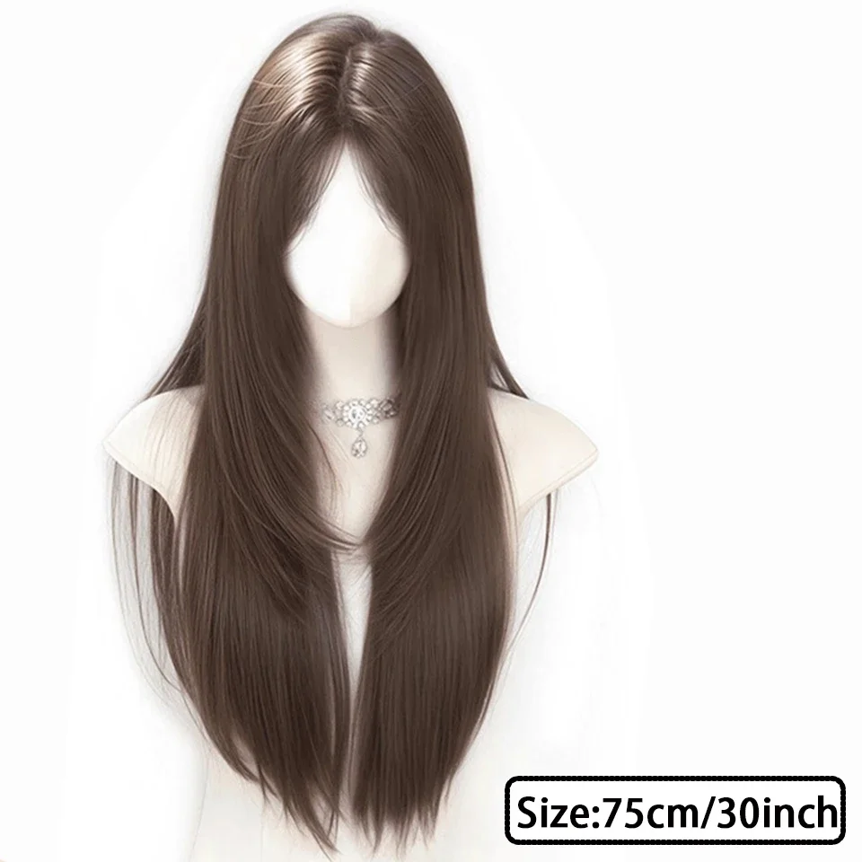 Korean‑stylewomen'slongstraightwigwithmiddle‑partlayereddesign,naturalbrowncolor,heat‑resistant,suitablefor daily and partywear.