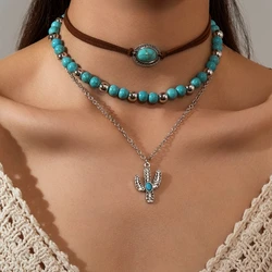 3-piece Bohemian style alloy cactus pendant necklace with multi-layer layered turquoise beaded velvet woven women's necklace