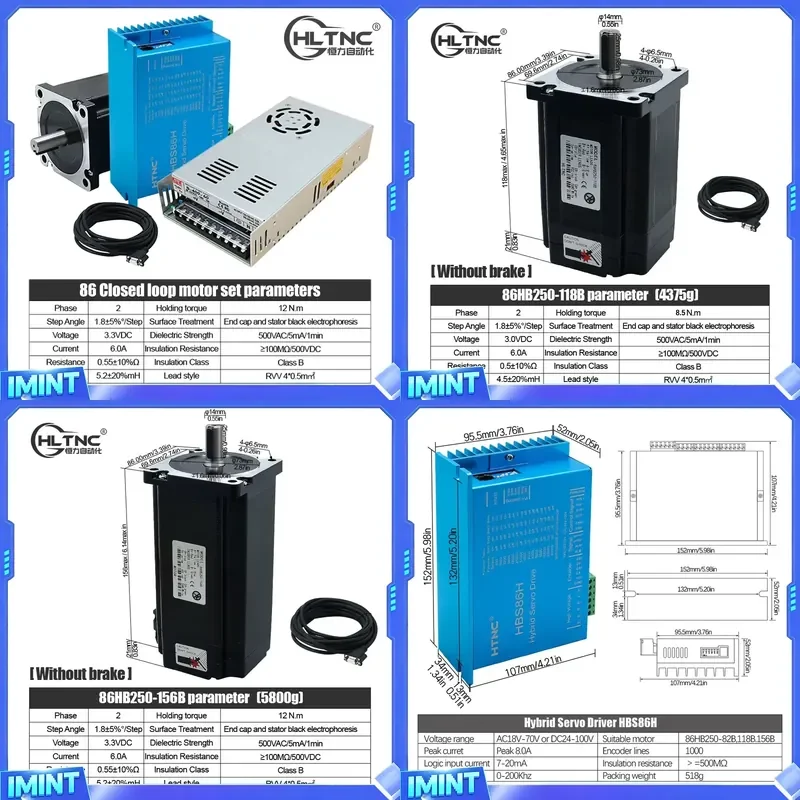 HLTNC Nema 34 Closed Loop Stepper Motor 4.5Nm 8.5Nm 12Nm with HBS86H Hybrid Servo Driver 400W 60V POWER SUPPLY for CNC Router