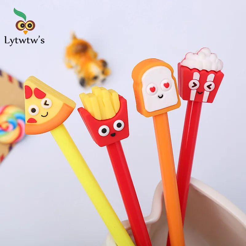 4 Pcs Lytwtw's Cute Kawaii Creative Fast Food School Office Stationery Gel Pen Sweet Lovely Funny Fries Popcorn Bread Pizza Pen