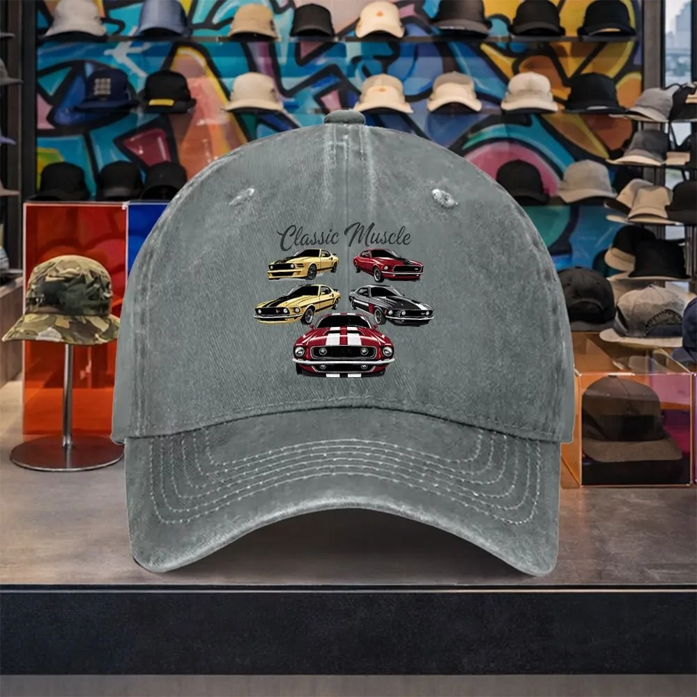 Classic Muscle Car Print Baseball Cap Unisex Vintage Washed Denim Cap for Outdoor Travel Casual Wear