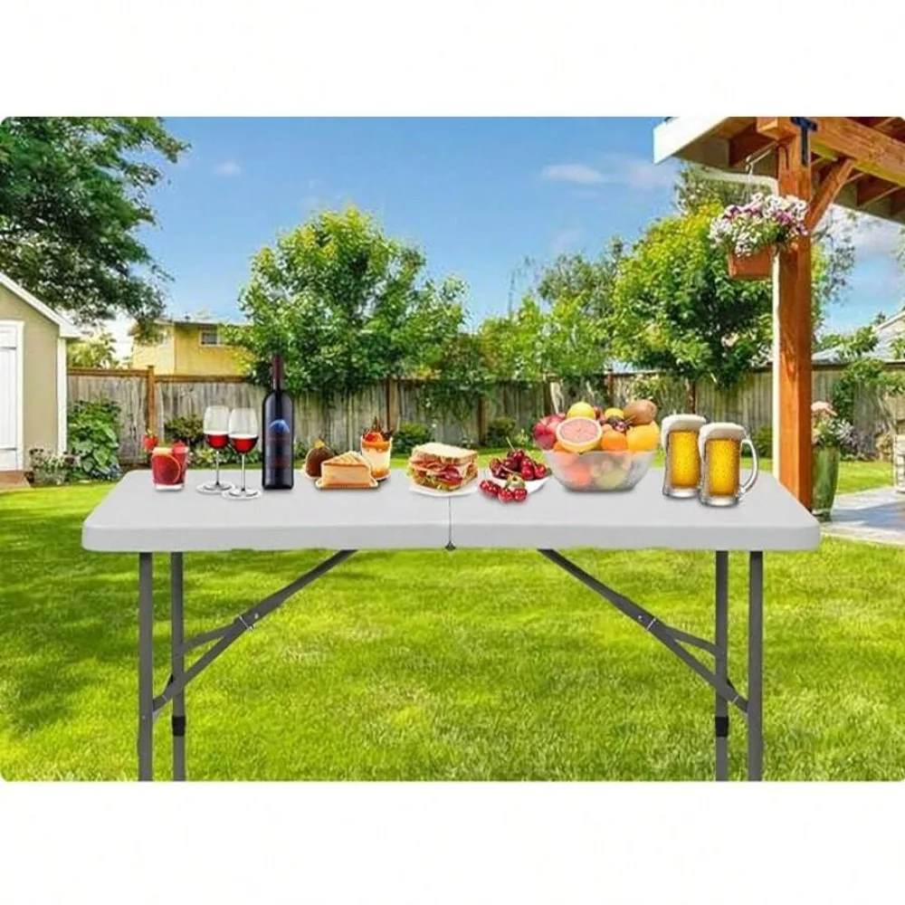 4 FT Plastic Folding Camping Table, 3 Level Adjustable Height Portable Outdoor Picnic Dining Desk, Heavy Duty Multipurpose Party Grill Buffet Work Table for Garden Patio Backyard BBQ Camping Hiking Tailgating, 300 lbs Capacity