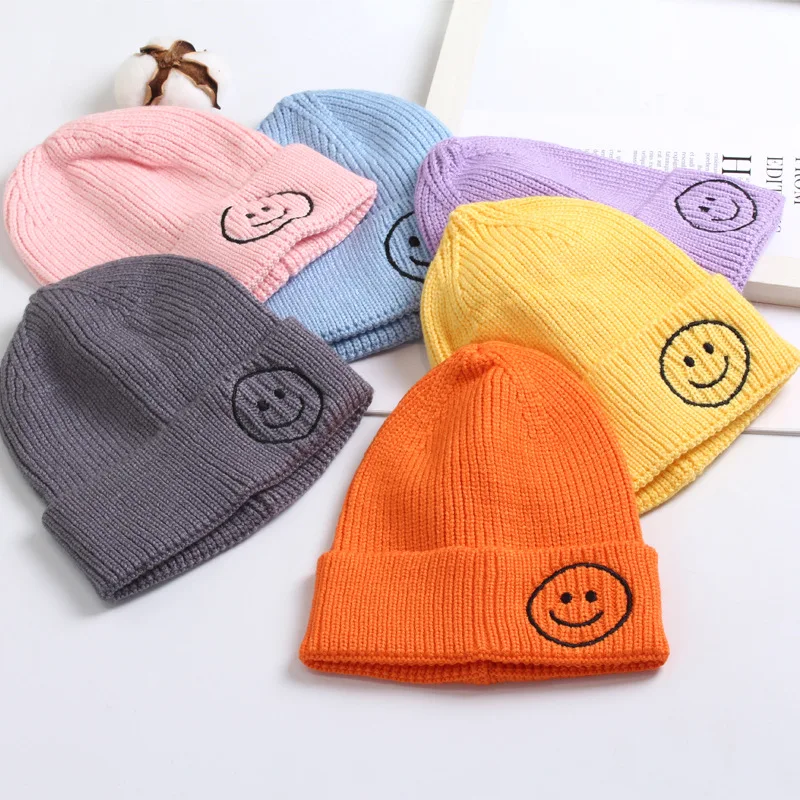 Cute Hat Solid Color Boy Girl Cartoon Smile Embroidery Winter Kids Knitted Hats Children Warm Beanies Child Caps For Babies