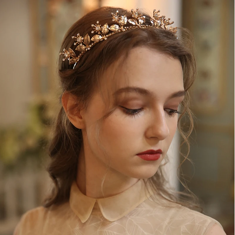 Baroque Women Hairband Gold Color Leaf Bridal Tiara Crown Rhinestone Wedding Hair Piece Handmade Accessories