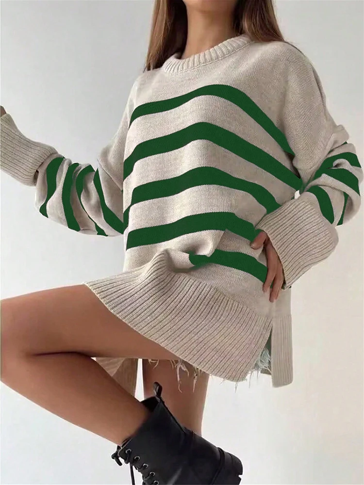 Khaki Striped Knitted Sweater Female Jumpers Long Sleeve Knitting Pullovers Women Pull Tops Autumn Winter White Loose Sweaters