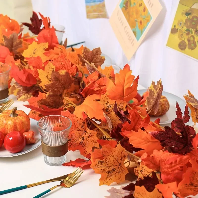 Fall Artificial Maple Leaf Garland Red Orange Hanging Vine Autumn Thanksgiving Decor For Front Door Wall Table Centerpiece