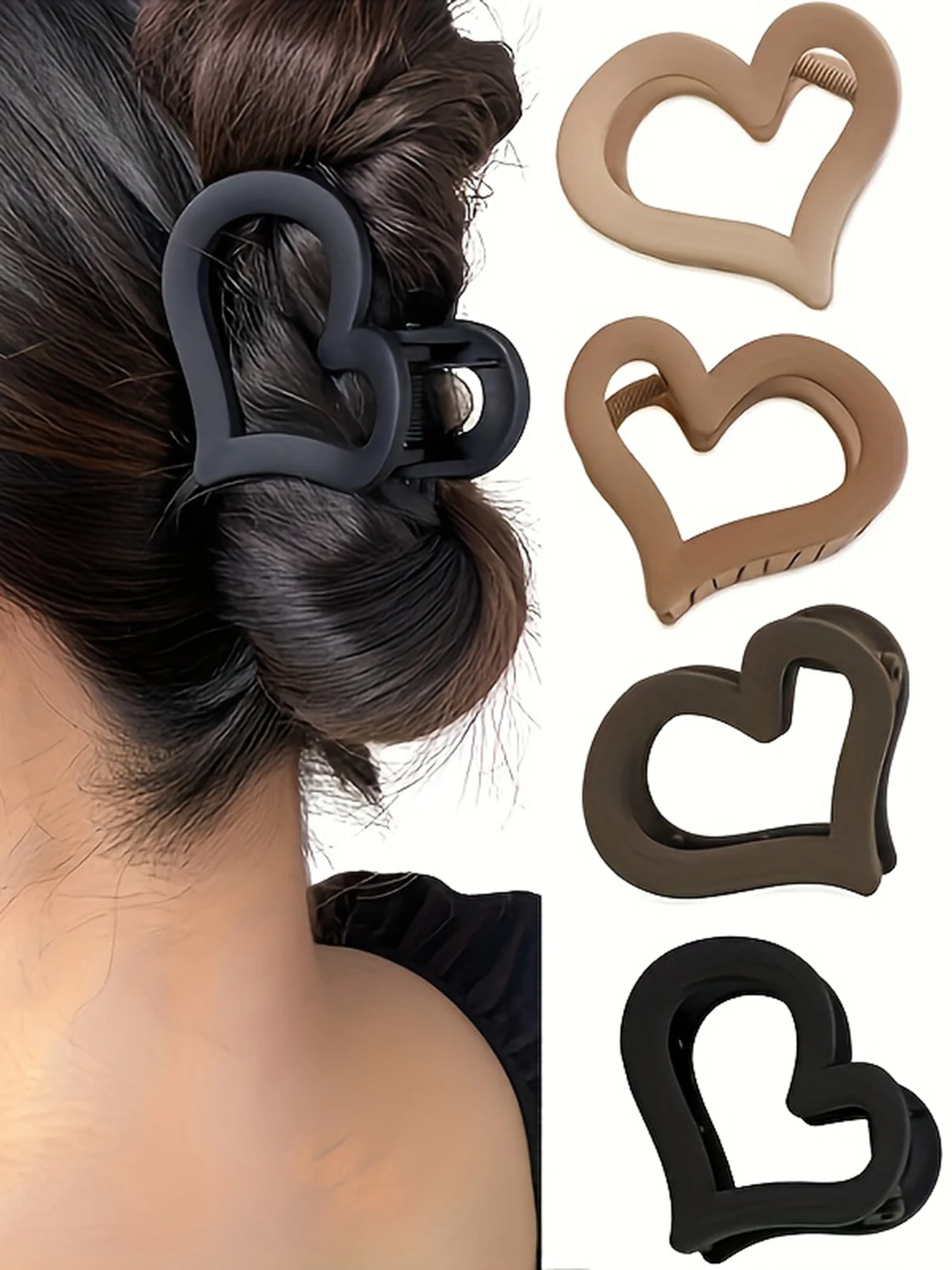 

4pcs Coffee-colored heart-shaped medium-sized hollow hair claw for casual and simple daily hair styling.