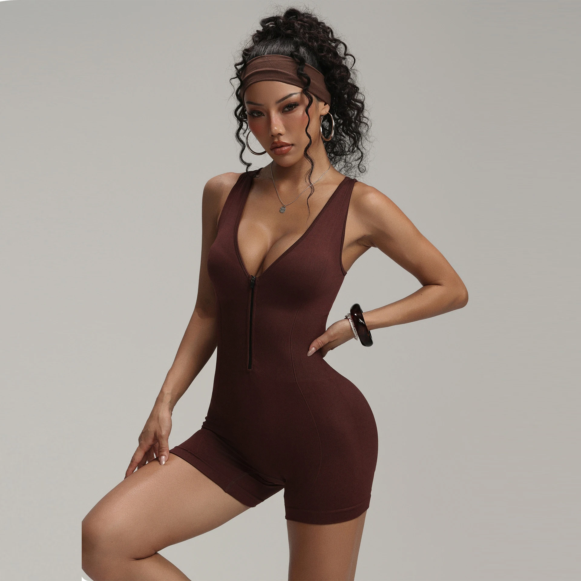 女性ディープ V ジムジャンプスーツショーツジッパートレーニングヨガパンツレギンススポーツフィットネスアスレチックタイツ夏カジュアルロンパース