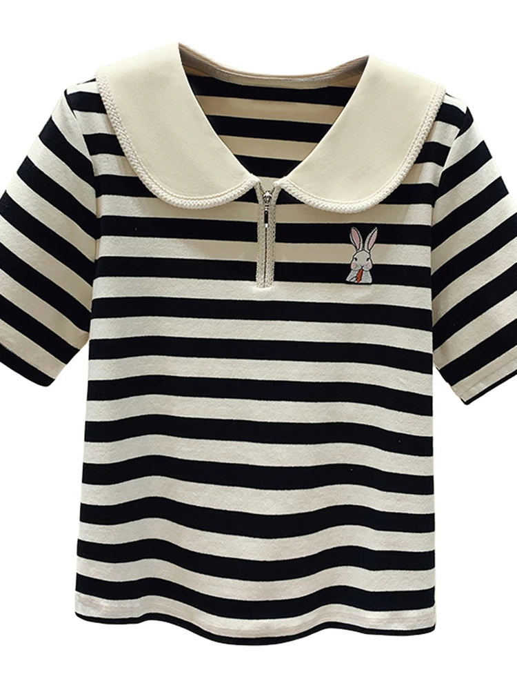 Short sleeved T-shirt Women\'s 2023 Summer New Polo Front Shoulder Stripe Loose Small Top