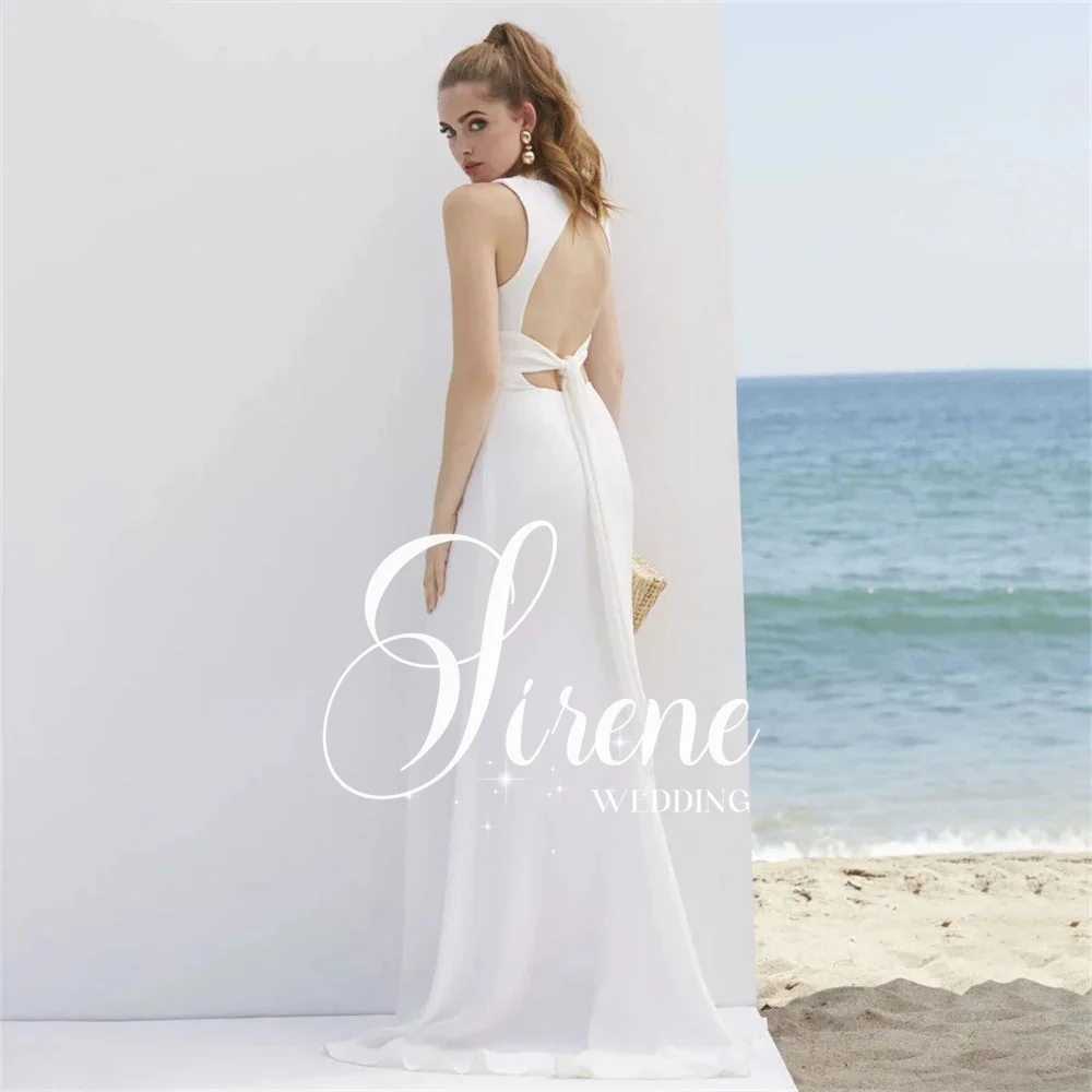 Sirene Sexy Satin Spaghetti Strap abito da sposa a sirena semplice scollo a v profondo Lace Up Backless lunghezza del pavimento Beach Vestido De Novia