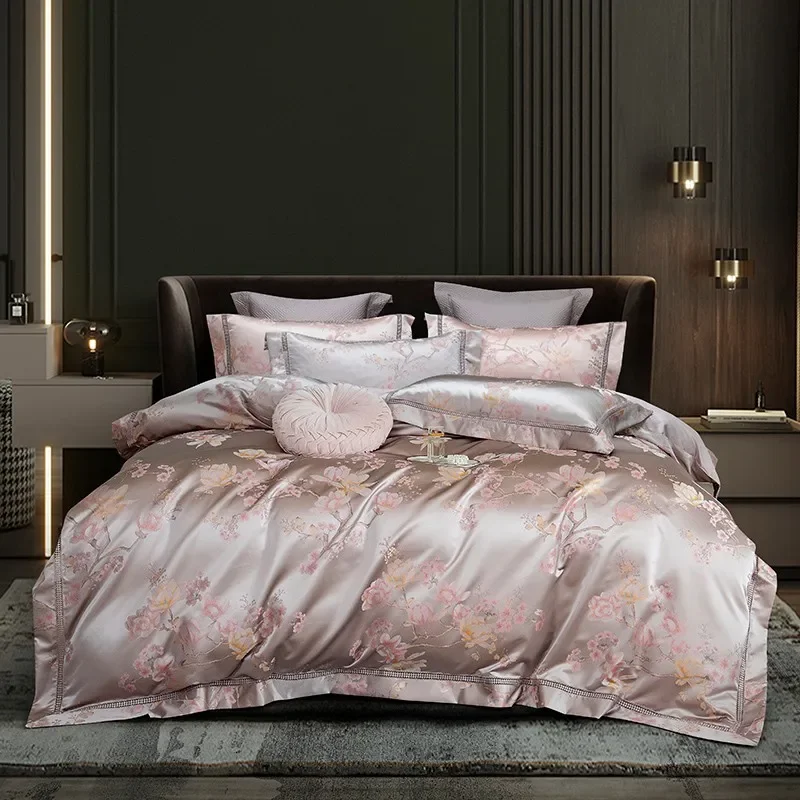 Queen King Floral Jacquard Silver Satin Duvet Cover 4/7Pcs Luxury Bedding set Comforter Cover Bed Sheet Bedspread Pillowcases