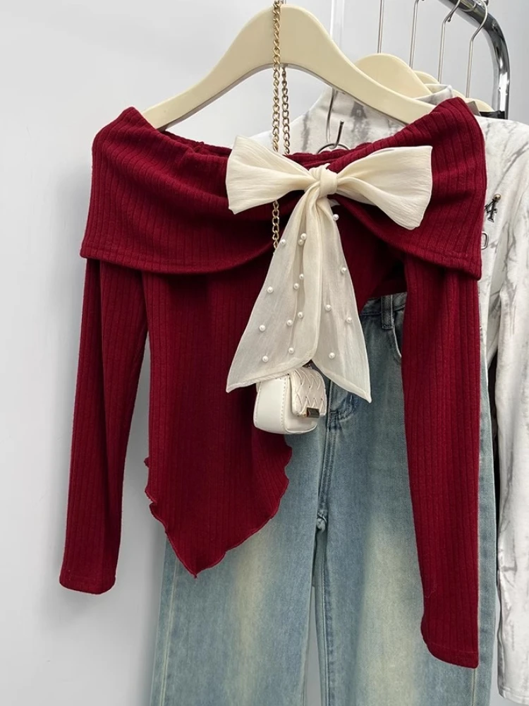 

Women's Bow Tied Off Shoulder Irregular Knitted Pullovers Sweet Korean Fashion Sweater Autumn Winter Chic Sexy Short Crop Tops