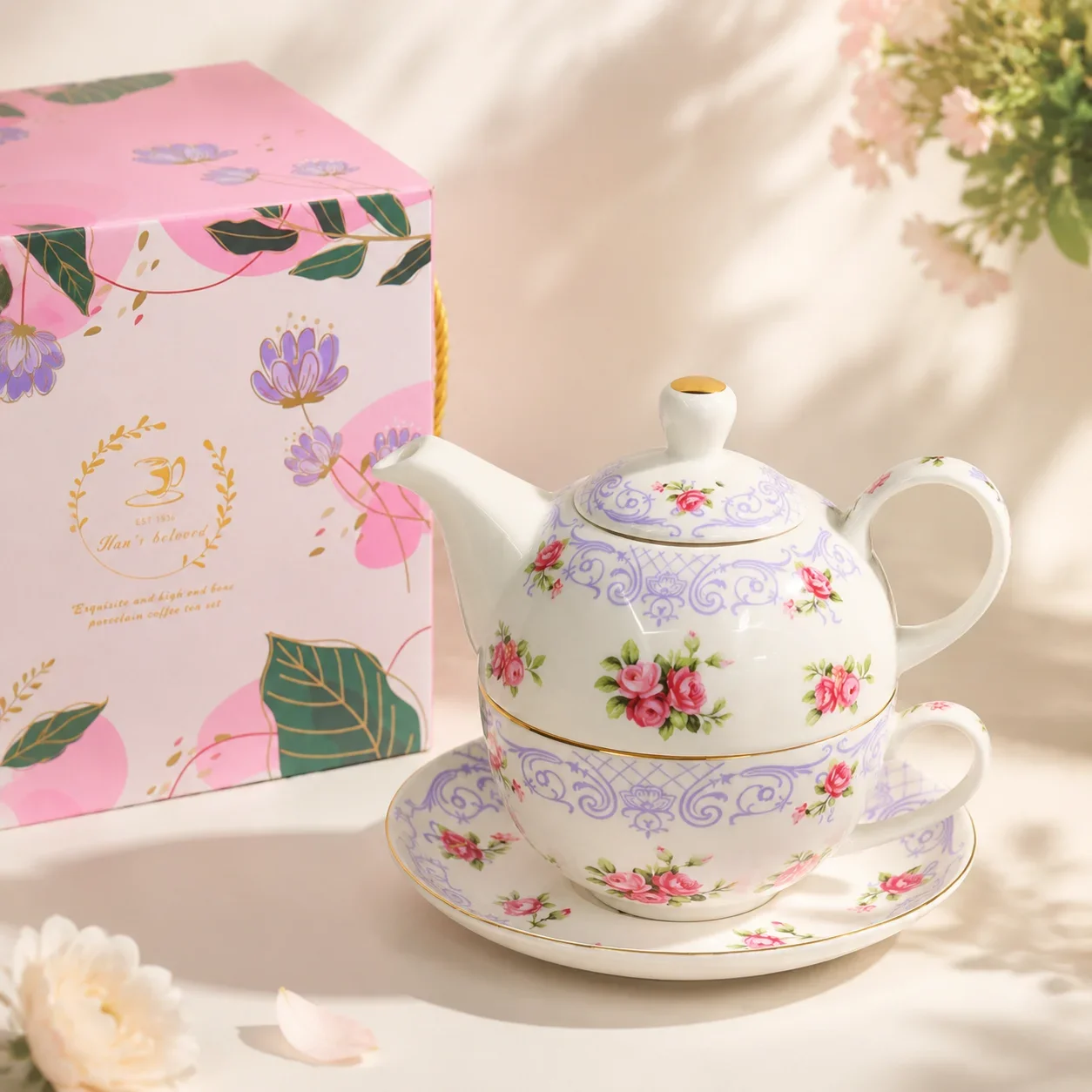 1 Set European Rose Ceramic Mother and Child Pot Set, Single Person Tea Pot, Tea Cup and Saucer, Afternoon Tea Set Gift Box