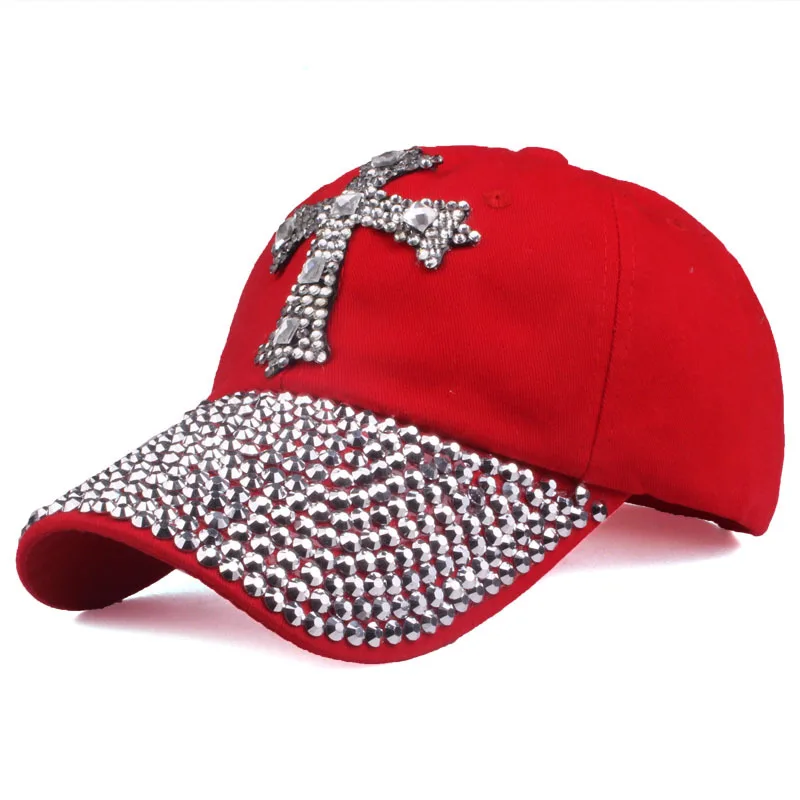 Leisure Cross Printed Baseball Cap Fashion Rhinestone Adjustable Outdoor Sports Cap for Women Men Cotton Sun Hat Hip-Pop Decor