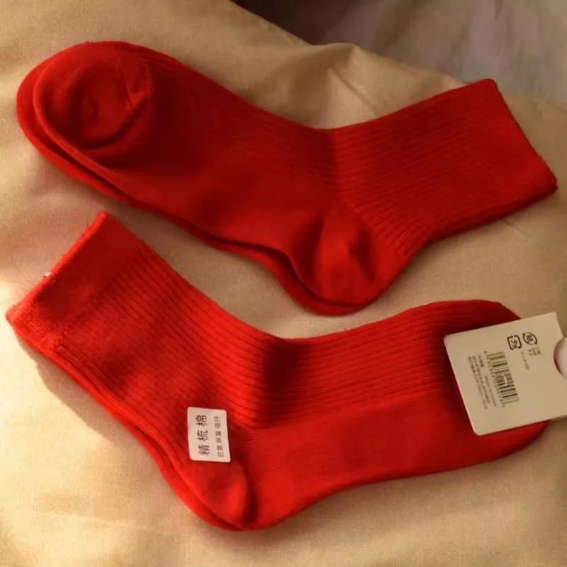 1-10pairs Men Women Socks Red Cotton Stockings Breathable Comfortable Sport Solid Color Sock Cotton Casual Lucky Red Floor Socks