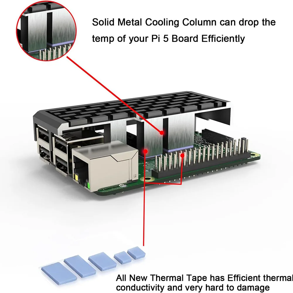 Passive Cooling Case for Raspberry Pi 5, Pi5 Aluminum Armor Case with Cooling Column and Thermal Pads for Raspberry Pi 5 4GB/8GB