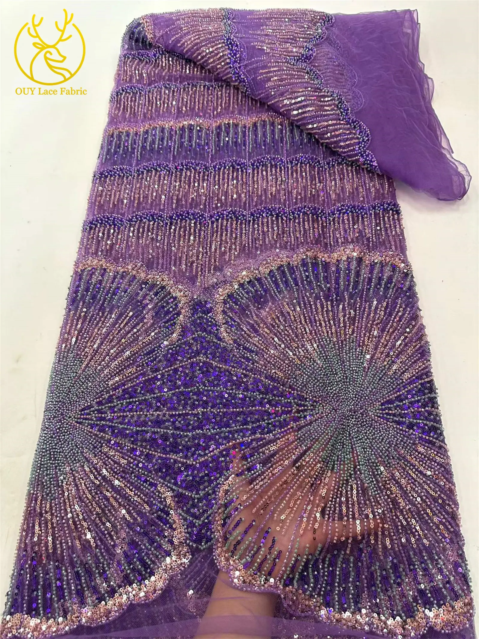 Luxuriöser Gold-Lila Afrikanischer Perlen-Pailletten-Spitzenstoff 5 Yards Exquisiter Französischer Nigerianischer Tüll-Spitzenstoff für Abendkleider und Hochzeitskleider – Detail 16