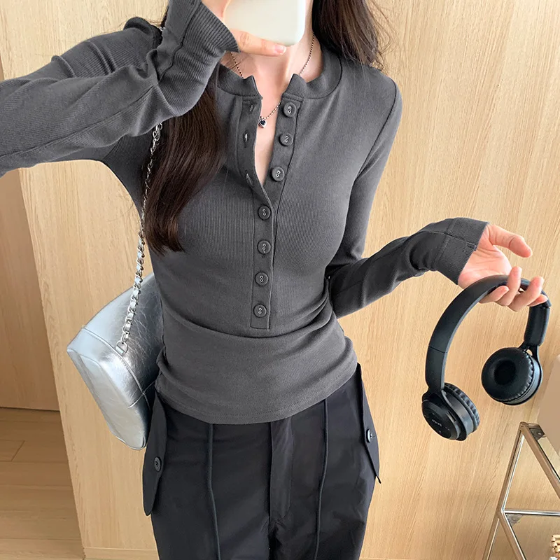 Y2K Button Long Sleeve T-shirts for Women 2026 Spring Summer High Stretch Slim Fit Solid Basic Tops Woman O Neck Layering Tee