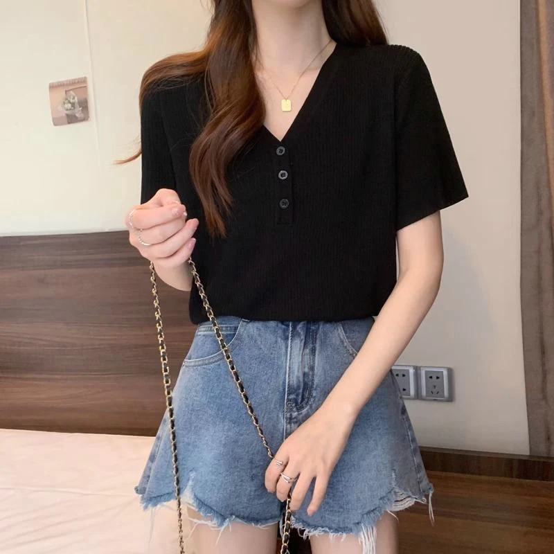 Summer Ice Silk V Neck Short Sleeve Women T Shirts Vertical Striped Fashion Casual All-match Tops Black White Oversized Clothing