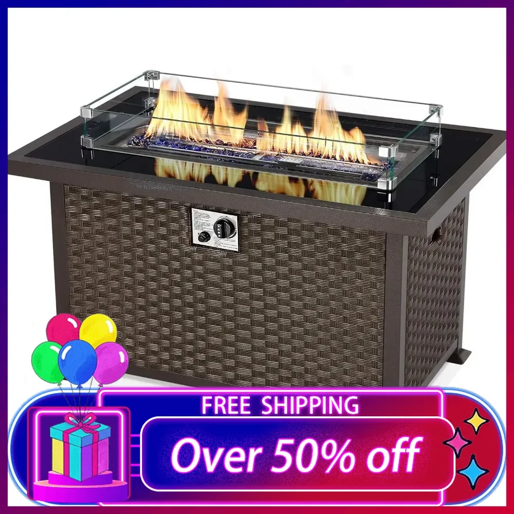 

44in Outdoor Propane Gas Fire Pit Table, 50,000 BTU Auto-Ignition Gas Firepit, Black Tempered Glass Tabletop & Blue Glass Rock