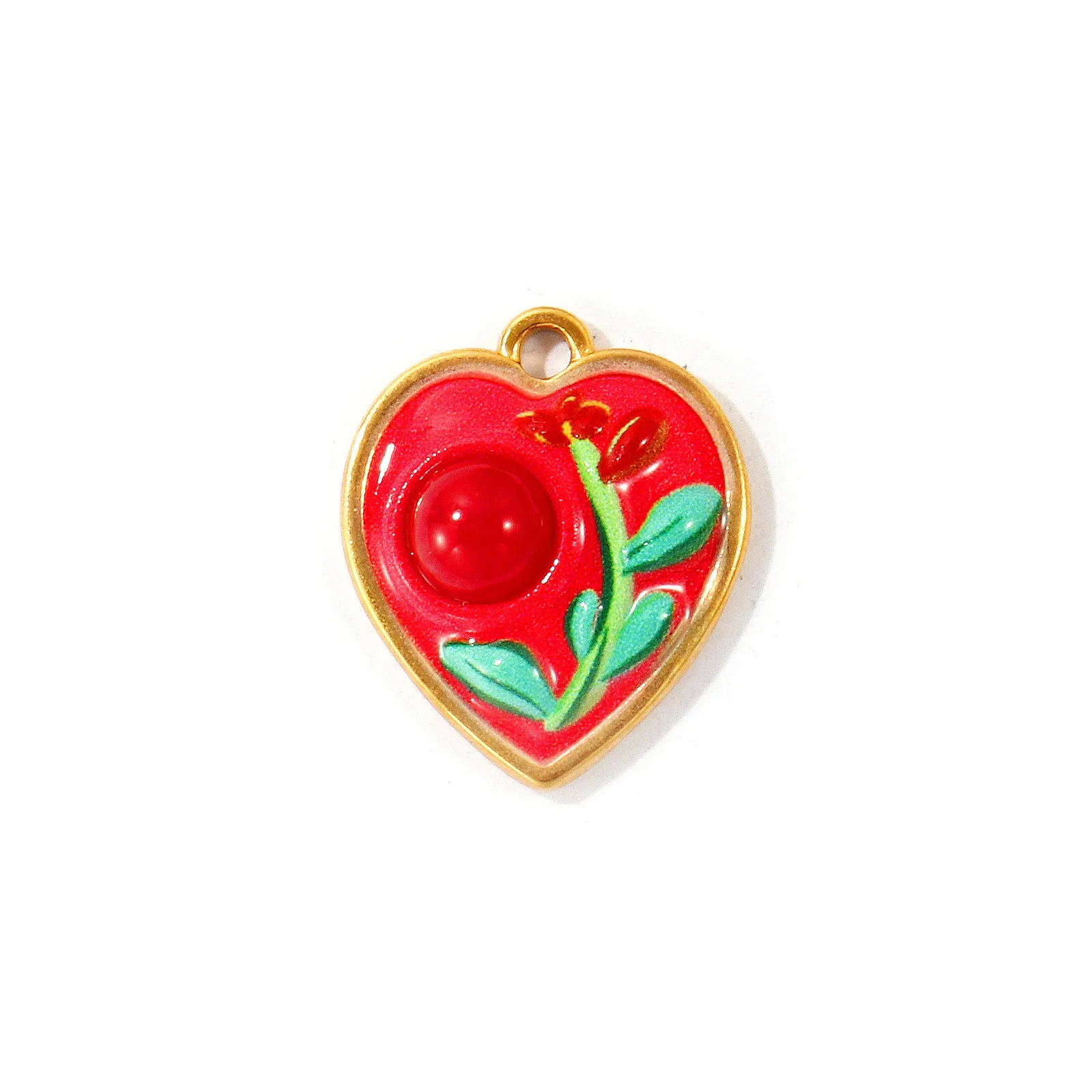 2 Stück Emaille-Blumenanhänger, Herz mit Stein, 304 Edelstahl, 18K vergoldete Anhänger für DIY-Halskettenherstellung, Großhandel – Detail 1