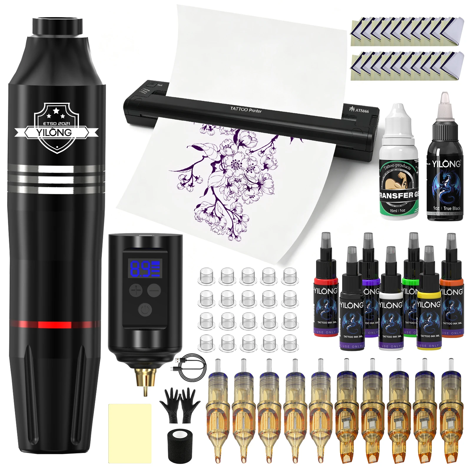 Kit de Pluma de Tatuaje Rotatoria Inalámbrica con Impresora de Plantillas de Tatuaje AT886, 15 Hojas de Papel de Transferencia, Set Completo de Tatuaje con Bolsa de Almacenamiento para Principiantes